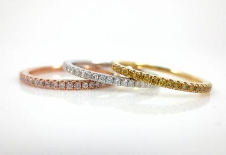 Trio of Bands with Pink, Yellow, and White Diamonds shared by Asscherhalo_lover