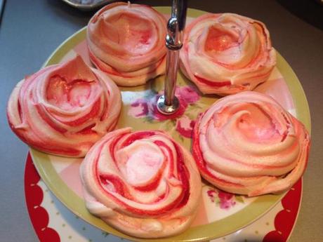 red piped swirl meringue nests on top of cake stand afternoon tea easy recipe