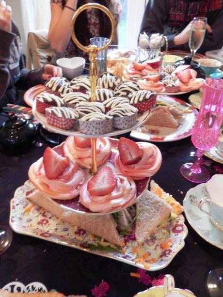 home afternoon tea birthday party chocolate brownie bites strawberry swirl meringues finger sandwiches