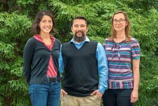 From left, Diana Cedeno, Gary Moore and Alexandra Krawicz of the Joint Center for Artificial Photosynthesis conducted an efficiency analysis study of a unique photocathode material designed to store solar energy in hydrogen molecules.