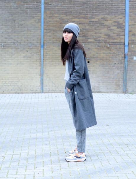 outfit all gray sneakers long coat