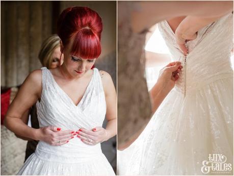 redhead bride gets into dress at hogarths hotel