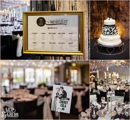 Black and white wedding details with a balck and white cake and winter lights