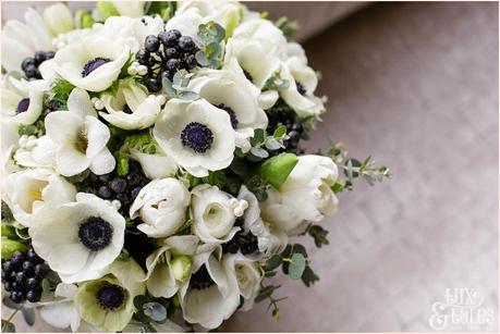 Black and white bouquet with anenomies at Hogarths wedding