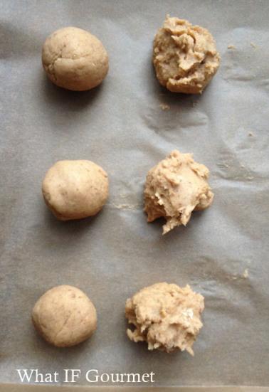 Just-blended dollops of dough on the right; dough balls after chilling and rolling on the left.
