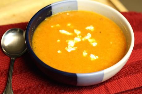 on roasted red pepper and cauliflower soup with goat cheese...