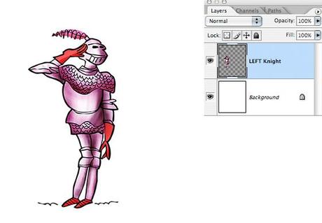 medieval knight in armor, romantic pose, copy merged pasted into new document on its own layer above white background layer