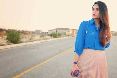 Electric Blue Blouse, Blush Pink Pleated Skirt, Crazy & Co. Heart Clutch, Tanvii.com