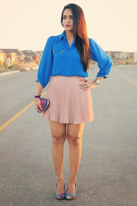 Electric Blue Blouse, Blush Pink Pleated Skirt, Crazy & Co. Heart Clutch, Tanvii.com