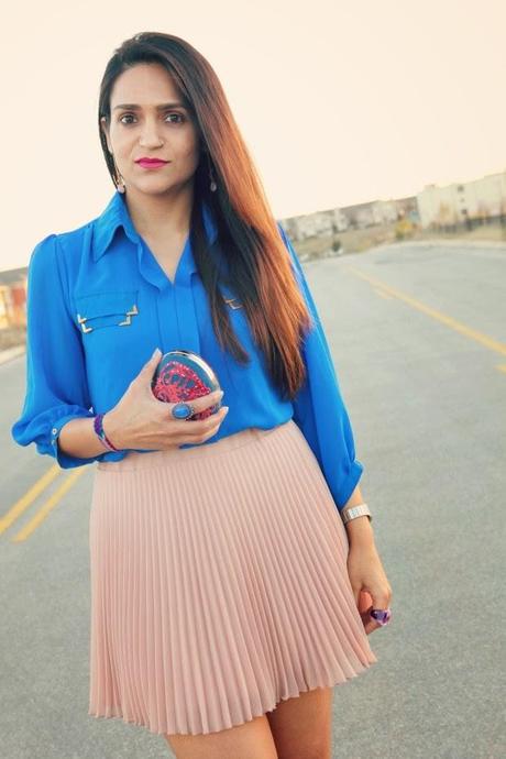 Electric Blue Blouse, Blush Pink Pleated Skirt, Crazy & Co. Heart Clutch, Tanvii.com