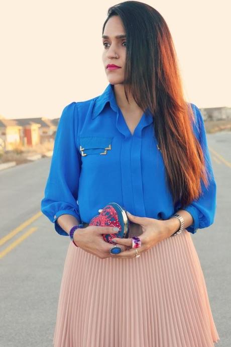 Electric Blue Blouse, Blush Pink Pleated Skirt, Crazy & Co. Heart Clutch, Tanvii.com