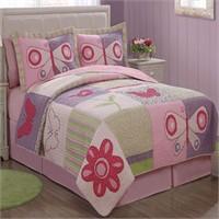 Pink Butterfly Flower Patched Twin Quilt with Pillow Sham