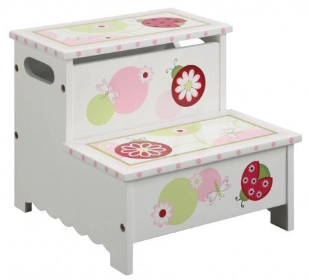 G86107 Sweetie Pie Children's Storage Step-Up with Hand Painted Flowers and Dragonflies Design and Finger Safe Cut-Out Lid in White