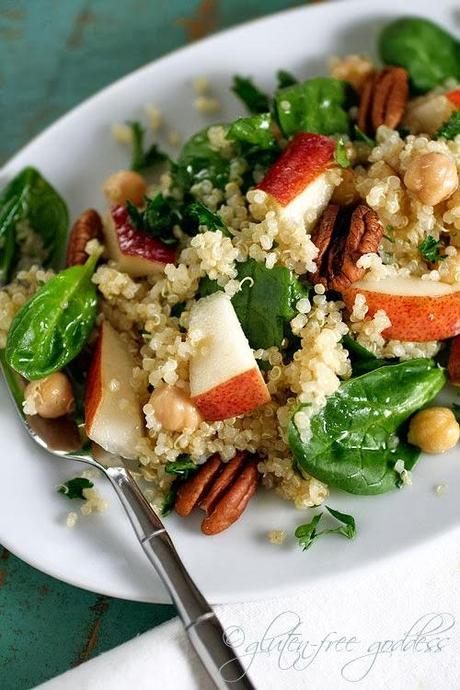 Quinoa Salad with Pears, Baby Spinach and Chick Peas in a Maple Vinaigrette