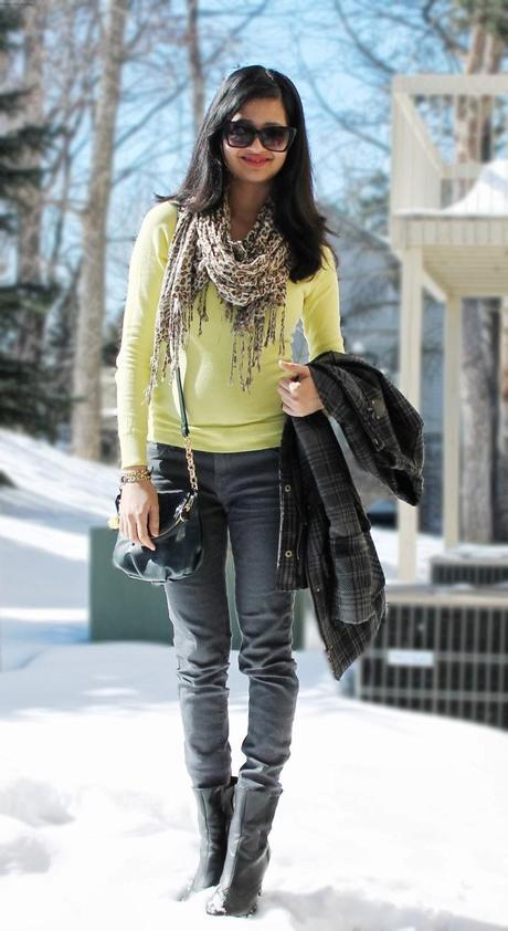 OOTD - Citron Whim Outfit of the Day, OOTD, What I Wore, Citron, Knit Top, Grey Denim, Skinny Jeans, Ankle Boots, Animal Print, Scarf, Gold Jewelry, Gold Chain Bracelet, Zara, Deux Lux, Forever21, XOXO, Plaid, Outerwear, Coat, Street Style, Fashion, Fashion Blogger, Winter Fashion, Pantone Color, Indian Fashion Blogger, Snow, Michigan, Detroit