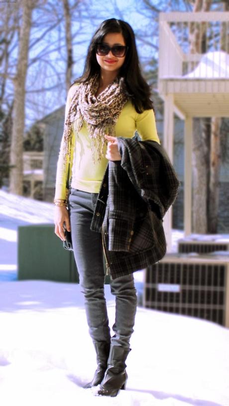 Outfit of the Day, OOTD, What I Wore, Citron, Knit Top, Grey Denim, Skinny Jeans, Ankle Boots, Animal Print, Scarf, Gold Jewelry, Gold Chain Bracelet, Zara, Deux Lux, Forever21, XOXO, Plaid, Outerwear, Coat, Street Style, Fashion, Fashion Blogger, Winter Fashion, Pantone Color, Indian Fashion Blogger, Snow, Michigan, Detroit