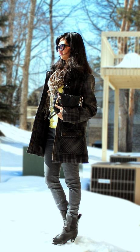 Outfit of the Day, OOTD, What I Wore, Citron, Knit Top, Grey Denim, Skinny Jeans, Ankle Boots, Animal Print, Scarf, Gold Jewelry, Gold Chain Bracelet, Zara, Deux Lux, Forever21, XOXO, Plaid, Outerwear, Coat, Street Style, Fashion, Fashion Blogger, Winter Fashion, Pantone Color, Indian Fashion Blogger, Snow, Michigan, Detroit