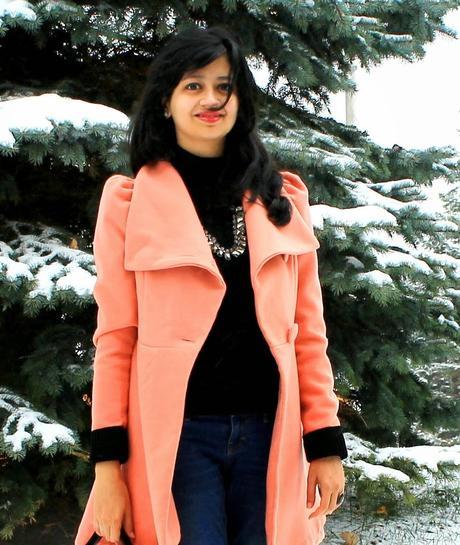 pink coat, turtleneck, crystal necklace, over the knee boots, denim, colorblock satchel, OOTD, Style, Fashion Blog, Style Tips, Outfit