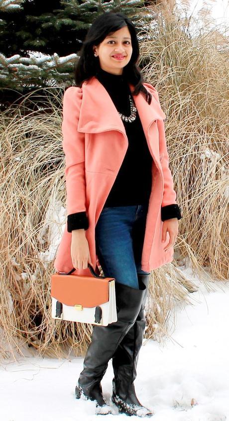 pink coat, turtleneck, crystal necklace, over the knee boots, denim, colorblock satchel, OOTD, Style, Fashion Blog, Style Tips, Outfit