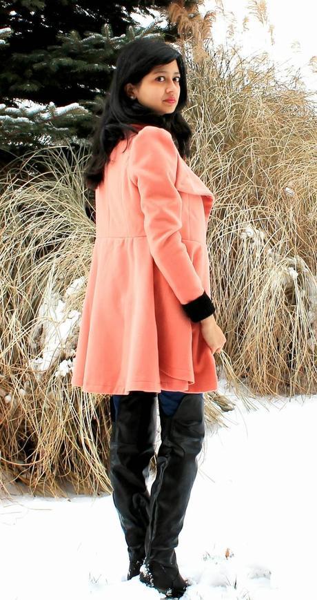 pink coat, turtleneck, crystal necklace, over the knee boots, denim, colorblock satchel, OOTD, Style, Fashion Blog, Style Tips, Outfit