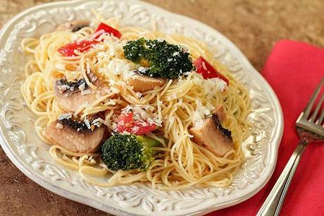 Pasta with Broccoli, Mushrooms, Tomatoes and Parmesan Cheese