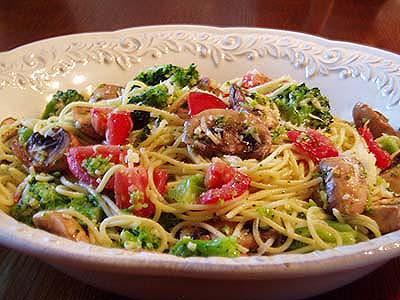 Pasta with Broccoli, Mushrooms, Tomatoes and Parmesan Cheese