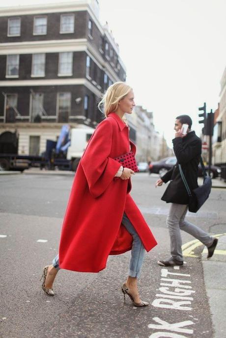 gorgeous red coat, denim jeans, snake print stilettos, red clutch, outfit inspiration, street style