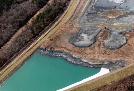 March 10, Waterkeeper Alliance conducted an airplane flyover of the ash impoundments at the Duke Energy Cape Fear Plant. Photographs show Duke personnel using a portable water pump to empty its 1985 coal ash pond. The plant's Clean Water Act permit only authorizes discharges when the pond level overtops the vertical discharge pipe visible in the photo, in order to reduce discharges of toxic solids in the effluent. Photo credit Waterkeeper Alliance