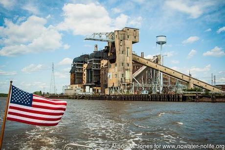 USA: New Jersey, Lower Raritan River as seen from NY/NJ Baykeeper boat, former JCP&L coal-fired power plant (closed in 1970), now a conversion plant under Reliant with 4 power combustion engines