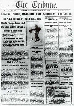 The tribune announcing execution of Bhagat Singh, Rajguru and Sukhdev