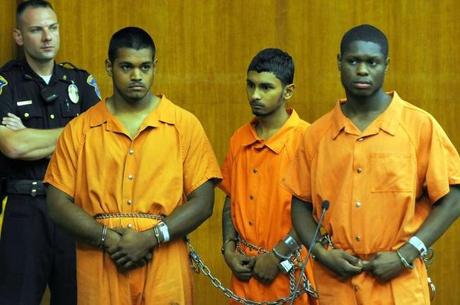 Nicholas Questel, Byron Sankar and Aaron McMorris appear in court last week to answer charges related to the accidental shooting death of Alex Bridge in New Milford on Aug. 3.
