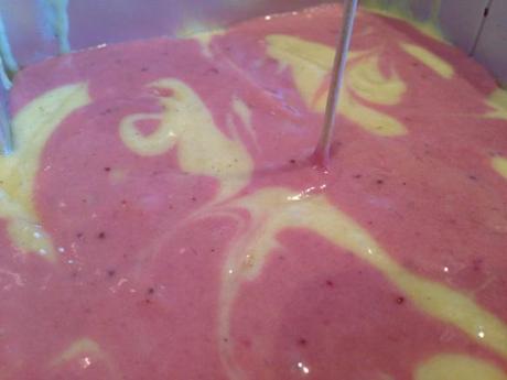 strawberry and vanilla marble swirl cake batter for unicorn cake