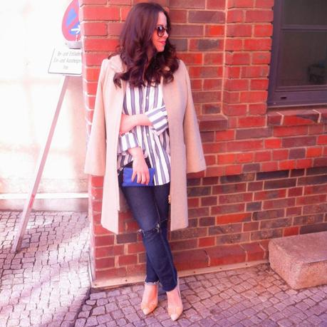loose, manly striped shirt, ripped jeans, distressed jeans, nude pink pumps, clean style, simple outfit ootd, fashion blogger, vintage nude coat