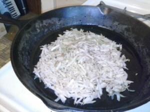 Hash browns, just starting to cook.