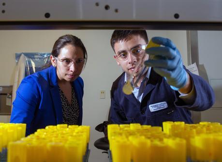 Pamela Peralta-Yahya, an assistant professor in the School of Chemistry and Biochemistry and the School of Chemical and Biomolecular Engineering, and Stephen Sarria, a graduate student in the School of Chemistry and Biochemistry