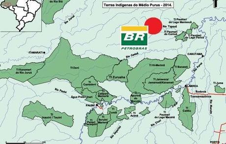 Petrobras has started exploring for oil and gas (red circle) in one of the most isolated parts of the Amazon. © Survival