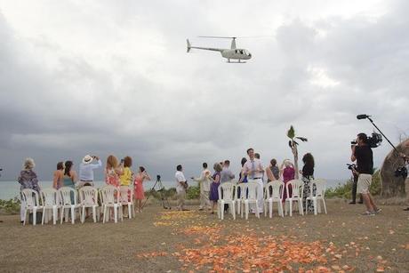 bride arrives at wedding via helicopter