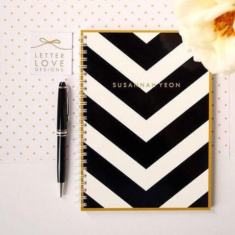 Personalized Notebook  V Stripe  Choose your by LetterLoveDesigns, $26.00  1. Colour of the stripe (pictured in black)  BLACK  2. Choice of personalization  LCJ   3. Colour of the personalization (pictured in brass)  BRASS  4. Choice of blank or lined pages (on the right hand side) BLANK
