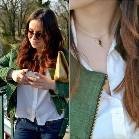 ripped jeans, distresses, oots, fashion blogger, style, berlin, trptower park, #sundayfunday, forest green biker jacket, silk white shirt, leopard print flats, Zara, gold day clutch, how to wear, inspiration, skinny necklace, stacked golden rings
