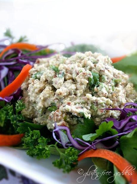 This vegan tuna style salad is made with soaked and shredded raw almonds 