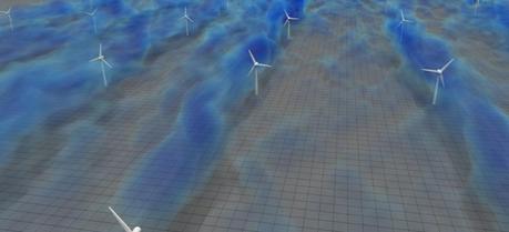 The figure shows a three-dimensional visualization of the flow in a simulated wind-farm. The blue regions show a volume rendering of low-velocity wind regions. These low velocity regions are primarily found in the meandering wakes behind the turbines.