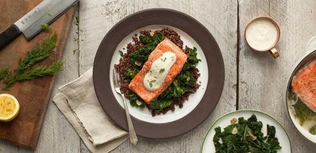 Poached salmon with red quinoa kale & dill yogurt sauce