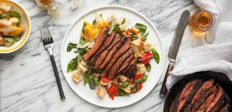 Coffee rubbed steak with roasted red pepper panzanella