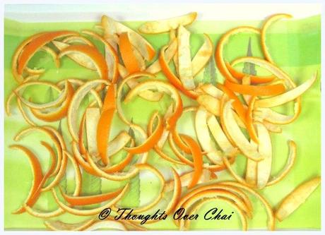 Score the oranges and remove the pith. Cut in 1/4 inches wide.