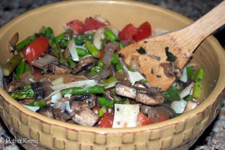 Asparagus, Mushroom and Tomato Stir Fry with Fresh Basil and Parmesan Cheese