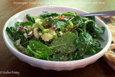 Mediterranean Asparagus Salad with Kale, Sun Dried Tomato, Avocado and Feta Cheese