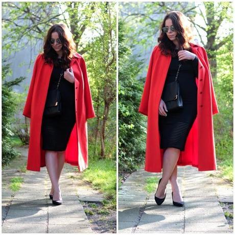 red oversized maxi coat, bodycon, see-through dress, kim kardashian, ootd, fashion blogger, style, fashion, inspiration, black pumps, h&M, vintage, primark, black bag, Great necklace, alessandro nail polish, peppermint patty, mirrored sunglasses, sunnies, transparent