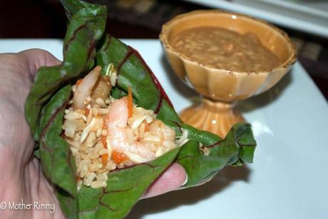 Lettuce Wrap with Chard, Shrimp and Peanut Sauce