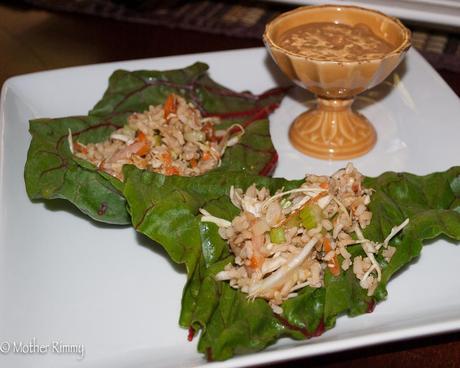 Chard Rolls with Shrimp, Brown Rice and Peanut Sauce