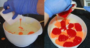 Hot Soap pouring the hot soap colors into the soap batter